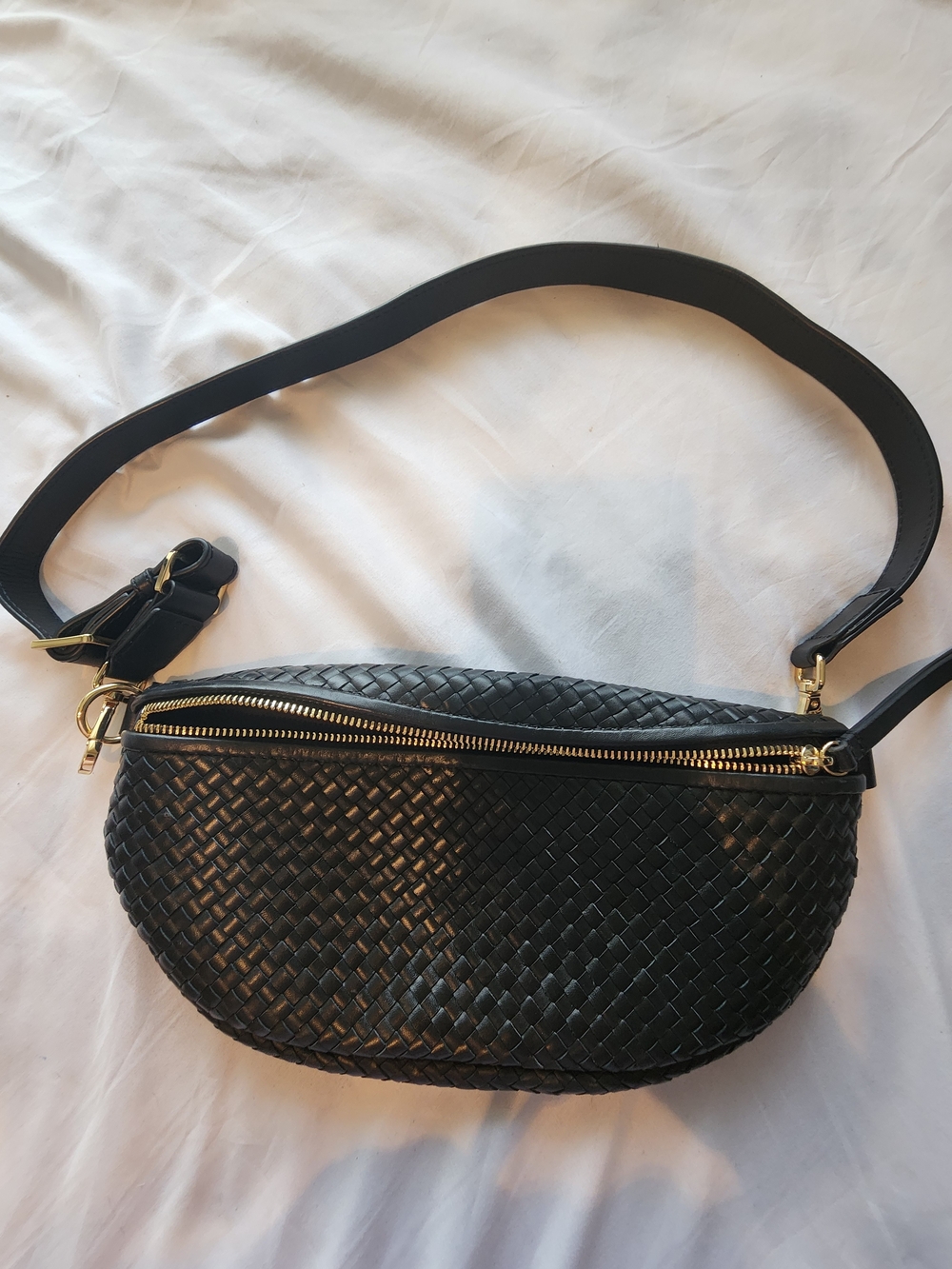 Quince Black Woven Leather Crossbody Belt Bag